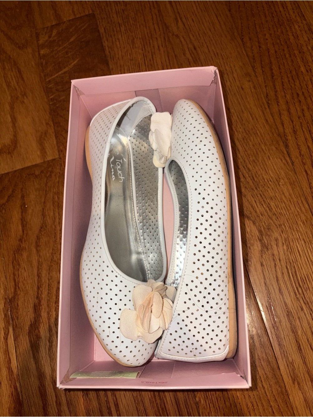 Touch of Nina White Perforated Ballet Flats with Cream Floral Accent